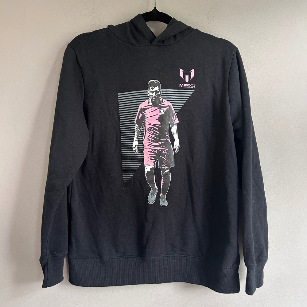 Messi Collection Kids Black Pink Graphic Hoodie Soccer Pullover L 14/16 ZAMF4011